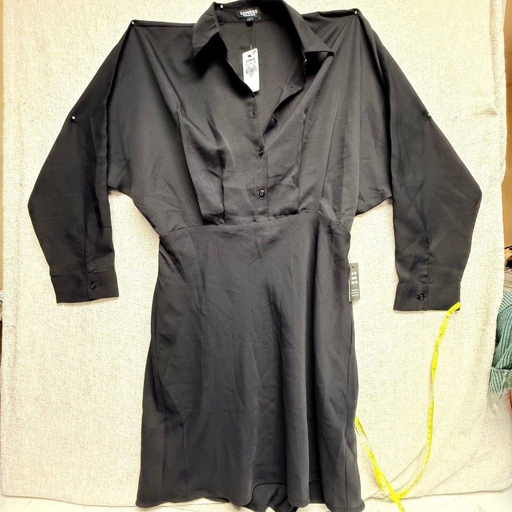Express Black Collared Button Down Dolman Sleeve Mini Dress New